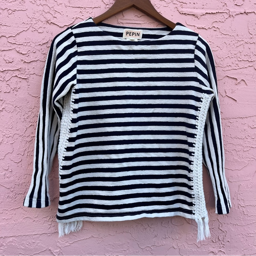 Anthropologie Pepin Striped Pullover Sweater Top Fringe Nautical Size Medium